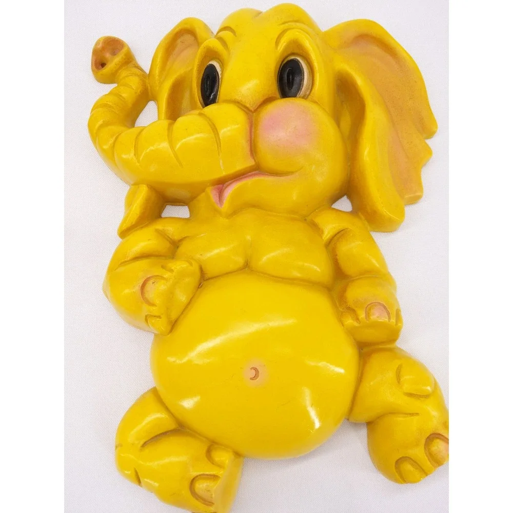 Homco Wall Plaques Yellow Vintage 1973 Elephant Nursery Decor Set of 2